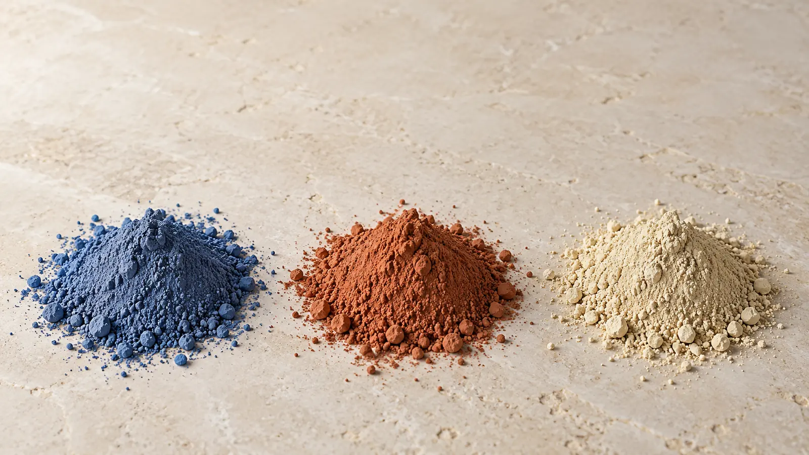 Three small heaps of raw clay on limestone: blue Moroccan clay, red Moroccan clay and pale multani mitti
